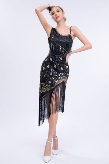 Black Beaded Brølende 20-tallet Gatsby Fringed Flapper Dress